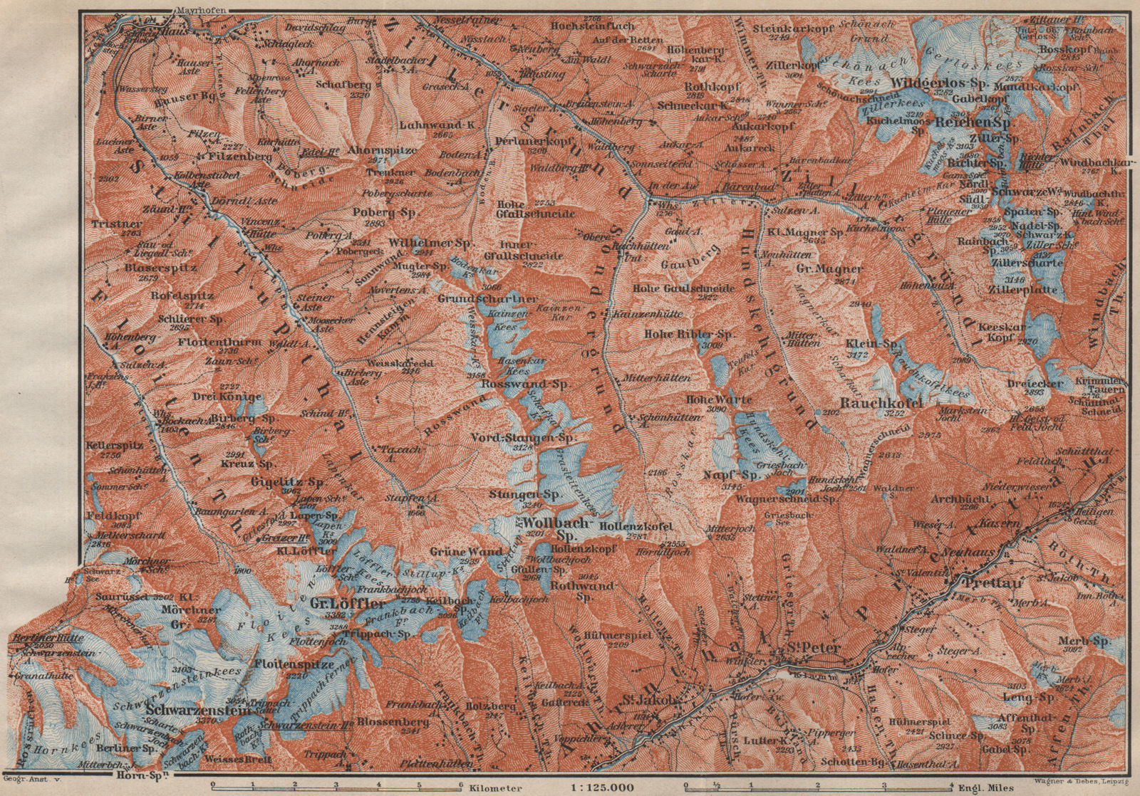 EASTERN ZILLERTAL. Ahrntal Valle Aurina Prettau Schwarzenstein Südtirol 1911 map
